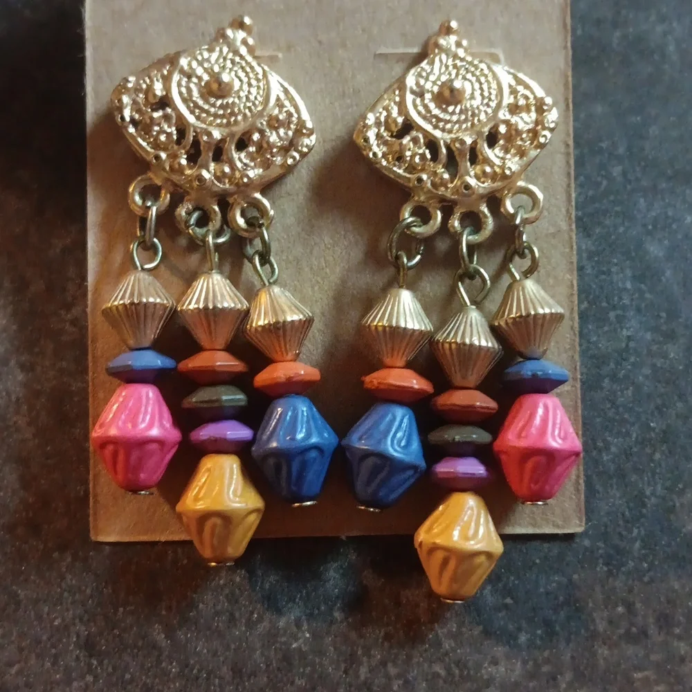 Gold Multicolor Dangle Earrings Vintage